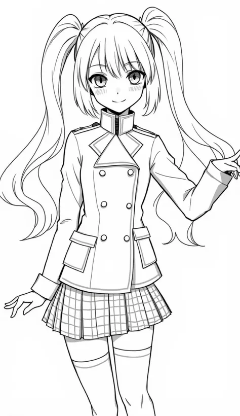 Image is a black and white sketch of an anime-style character. The character is a young woman with long, flowing hair tied into two high ponytails. She has large, expressive eyes and a confident expression. Her outfit consists of a double-breasted jacket w...