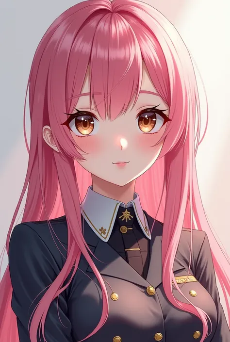 ((best quality)), ((masterpiece)), ((detail)) 1girl. Long hair full pink colored, fair skin, brown eyes, pretty, wearing uniform