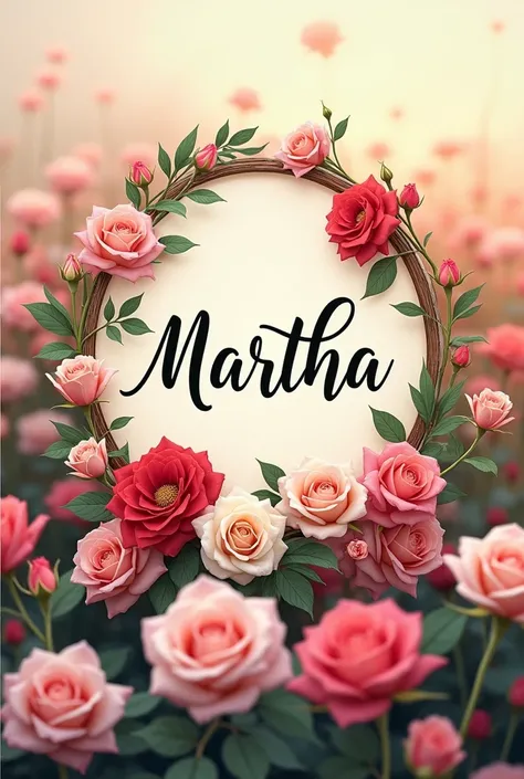 Logo name Martha with field background with lots of roses

