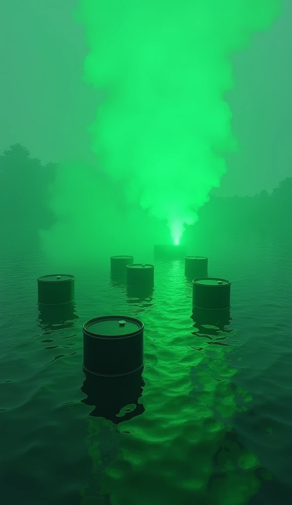 
In cinematic 3D style, HD image, realistic image, colourful image.
 Six iron drums are submerged inside a very big river and green coloured gas is coming out from inside them which is turning the water completely green.