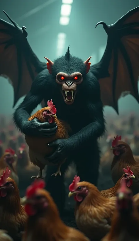 Cinematic drama scene, a monkey that has bat wings, with long canine teeth, bright red eyes, with a face that looks scary, is holding a chicken in a chicken coop, there are thousands of chickens. Gives off a thick mystical atmosphere, creating a very mysti...