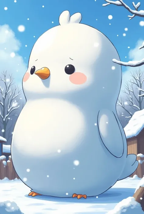 Masterpiece,Best quality, Anime style, (winter festival, outdoor, snow),(((big  snow statue of pure white sparrow mascot, deformed))),round body, simple face, cute appearance,