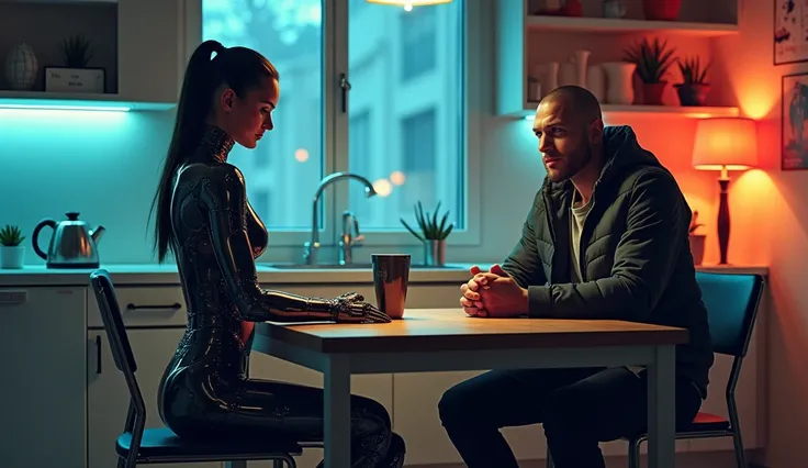  Cyberpunk, a beautiful cyborg girl stands in front of the kitchen table with a handsome brutal man sitting