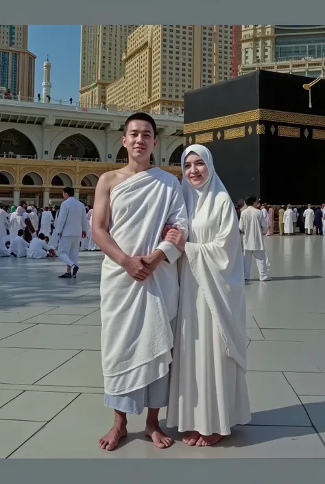 Detailing, realistis photo, Full body photo of indonesian family "a 45 years old man, clean face,  with white cap wearing ihram cloth for umra, a 45 year old woman wearing hijab, wearing islamic white long dress cloth, thin smile", standing, tiered, natura...