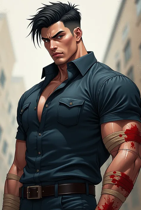 anime: man, muscular,  Wearing school uniform,  black hair in taper fade style ,  dark eye color ,  covered in blood-stained bandages, handsome.