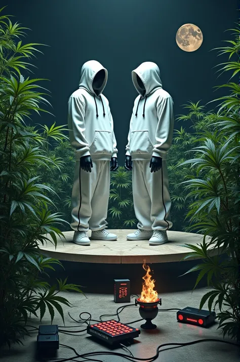 2 white hooded characters dressed in Nike the empty black face on a stage with cannabis plants around connected by cables all the way around the being on the moon in space facing planet Earth with equipment music MPC game console weed dealer ,  with a rap ...