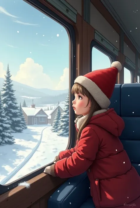 Christmas day 、A warmly dressed girl is on a snowy medium train and looks at the sky from the window。