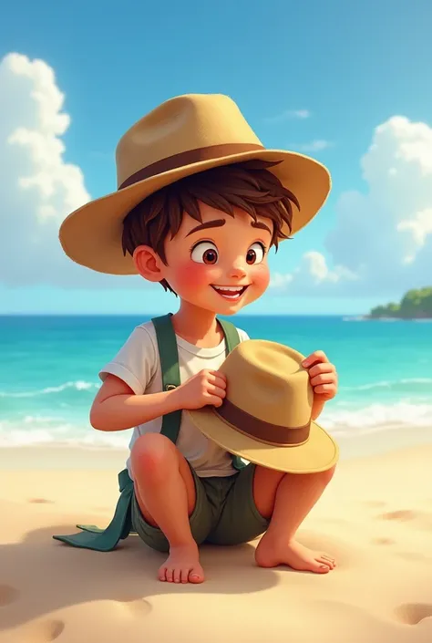 Happy boy repairing hat on the beach 