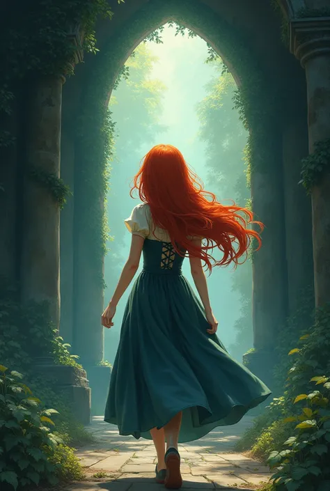 Cool anime photo ,  the redhead girl who is turning her back , cant see the face of ,  is heading towards a magic gate,  wearing antique 