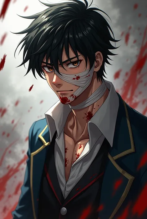 anime: laki-laki, muscular ,  wearing a school uniform , black hair, dark eye color ,  covered in bandages stained with blood, handsome.