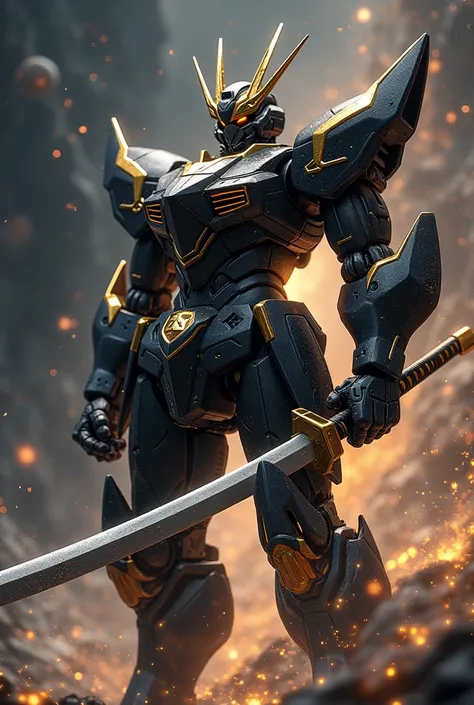  Create a black and gold Mecha with a black and gold katana, surrounded by stardust 
