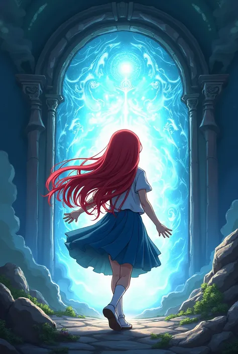 Cool anime photo ,  the redhead girl who is turning her back , cant see the face of ,  is heading towards a magic gate