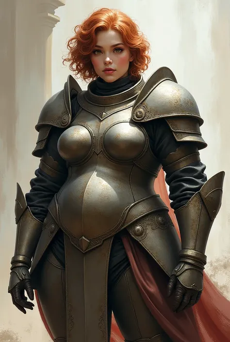 Woman in warrior costume whose armor covers her entire body,  with a white and fat complexion, with wide hips and abdominal fat.  dark-eyed,  nose not so wide and pink lips not very big, oval face. Short reddish curly and blonde hair 