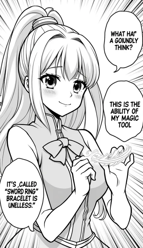 Style and Type: Black and white manga illustration. Layout: The image features a single female character prominently in the foreground, with speech bubbles containing text. Subject: The character is a young woman with long, flowing hair tied in a high pony...