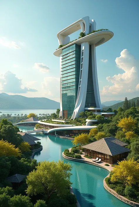 Created a Futuristic Luxury Building, glossy architecture, Futuristic variation tower, with the logo RUSDHY HOTEL, Summerday, plant on rooftop, Fountain in pool, (((yellow wisteria flowers))), ((Adjacent to the highway)), ((rest area)), ((surrounded by man...