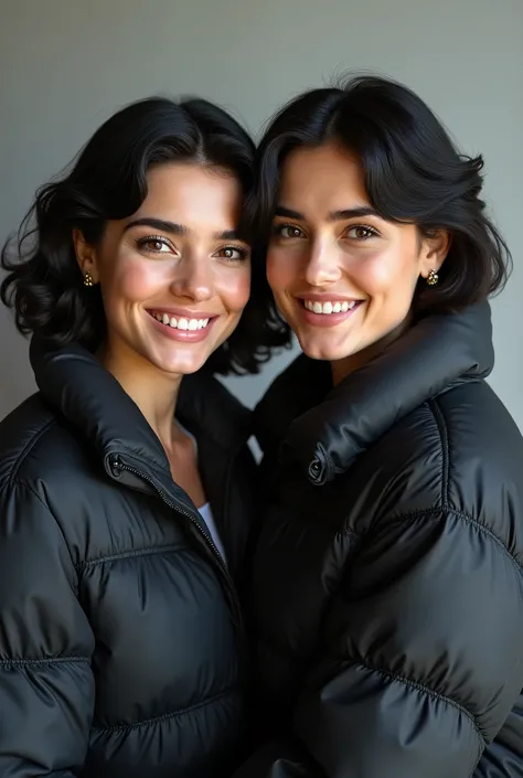 Beautiful Iranian women、 black hair、 Hairstyle shortcuts、Wavy hair、、Ear piercing、黒い down jacket、smile、 beautiful alignment of teeth、 trainer、 upper body、 Neutral Backgrounds 、 frontal angle

