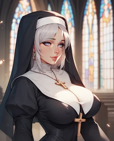 Very beautiful nun, nuns habit, tight, big breasts, silver hair, silver eyes, in a magnificent church