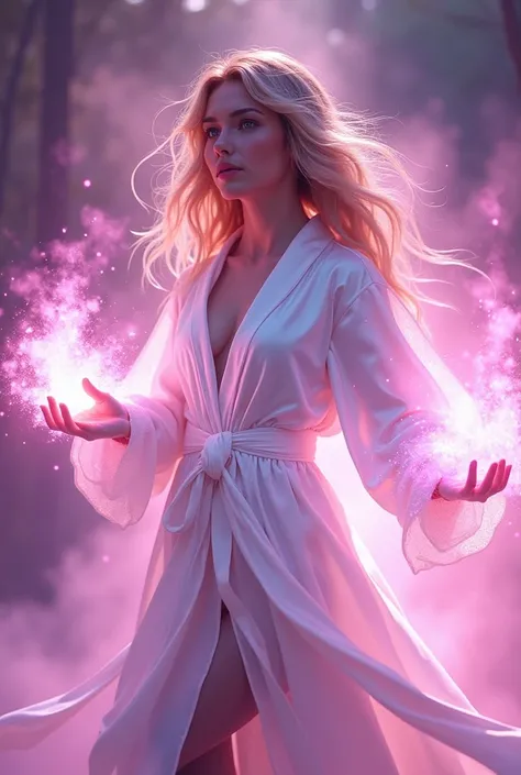 **A beautiful and gorgeous young woman, dressed in a white satin robe and carrying a  in her arms, magically represented in an explosion of aura, with dynamic action poses and energy effects. She uses a vibrant, deep pink and pastel purple to represent pow...