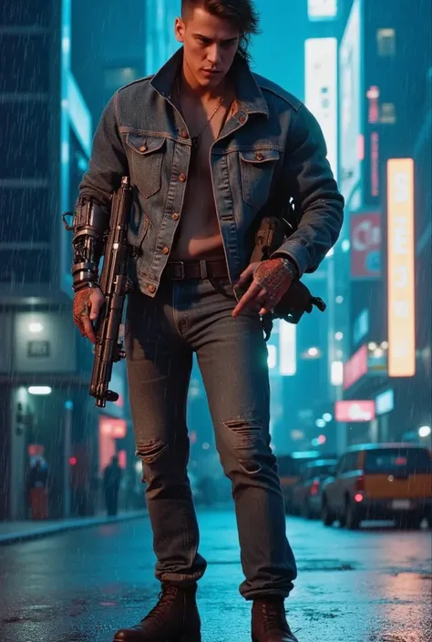 wide shot of rico at 35 years old in a cinematic action pose as a futuristic cyberpunk assassin in a rain drenched cityscape