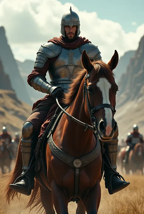  realistic photo .  Create a warrior riding a horse. The helmet has the letter L on the forehead . 