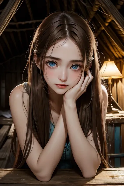 (Girl 25 years old) in a dimly lit room, their faces illuminated by the soft light of a lamp. (in an atmosphere of poverty) with kind, white skin, (blue eyes) and smile, Soft face , (((long straight brown hair))),  Long Straight Hair, perfect Big Breasts (...