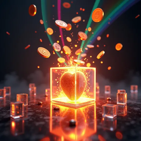 A glass box with a rainbow effect. Various crypto coins and crypto dollars fly out of the box. Glass 3D cubes are scattered around the image, which also reflect different colors from the light. The colors of the image should be crimson orange, dark gray, a...