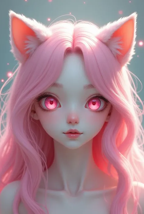 cute albino man with cat ears, long bright pink hair and hot pink eyes