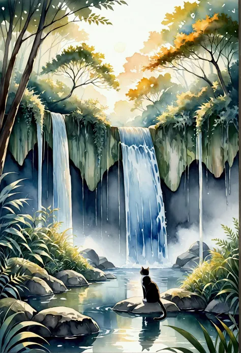  A graphic waterfall located between the lush vegetation of a forest y  ((a cat))  in the middle of it in the foreground ,  painted with an alcohol ink and watercolor style ,  that evokes a sense of serenity and calm at dawn by Yupo Gallery ((150% sharpnes...