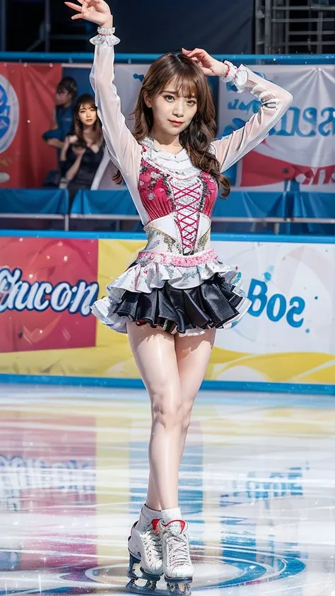 (8k, best quality:1.3), (extremely detailed:1.2), perfect anatomy, beautiful Japanese woman, 18 years old, healthy thighs, beautiful legs, beautiful skin, random hair color, random hairstyle, large breasts, (she is standing:1.2), female figure skater, figu...