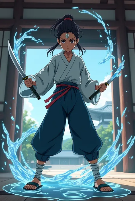 Generate a Female anime character around 16  based on hinata from naruto but with with warrior like expression but still feminine two Kunai in hand has water based chakra brown skinned and has byakugan eyes and a curse mark on forehead
Place her in a train...