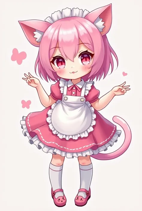 cute albino man with cat ears, bright pink hair and hot pink eyes, wearing a pink and white cat maid dress, with tigh-high white cat socks, and pink cat themed mary janes