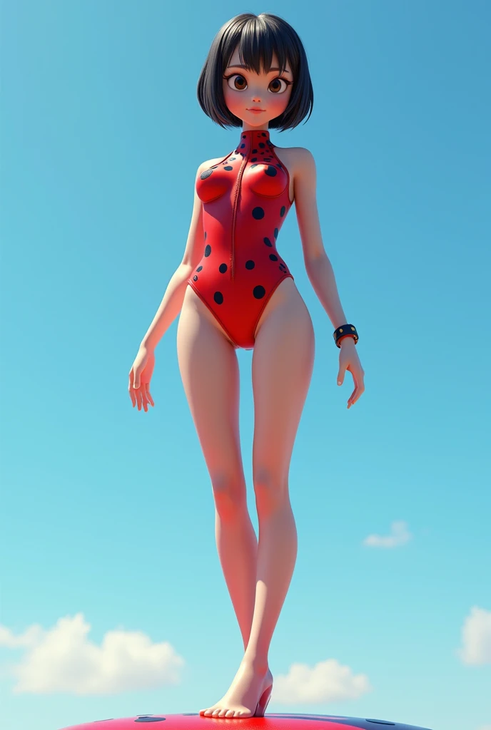  super high definition 、 real photo、( Extremely Detailed CG Unity 8K Wallpaper 、masterpiece)、(Best lighting、 best shadows、 very delicate and beautiful)、 ultra detail、《Ladybug Woman 》、Clear blue sky、 Short Hair and Baby Face 、 Petite Body Size 、 Hi-leg Leot...