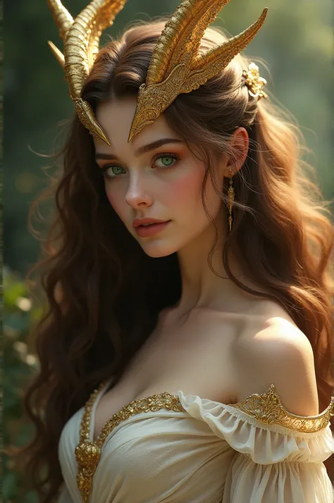 A  with long wavy brown hair and emerald green eyes, she has golden horns and a golden tail.