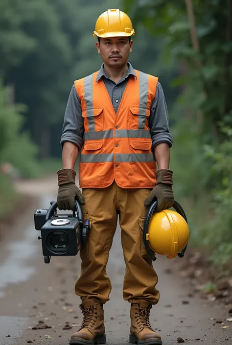 Male worker, Thai, in his early 30s, wearing a construction workers uniform.
1 person holding technician equipment, realistic image.  straight face, 8K HDR , Realistic pictures
