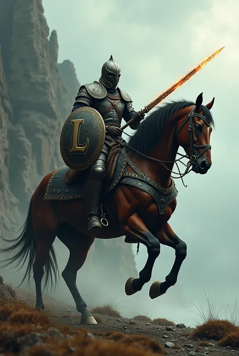  realistic photo . Create a faceless warrior riding a horse. He holds a fiery sword and a shield with the letter L 