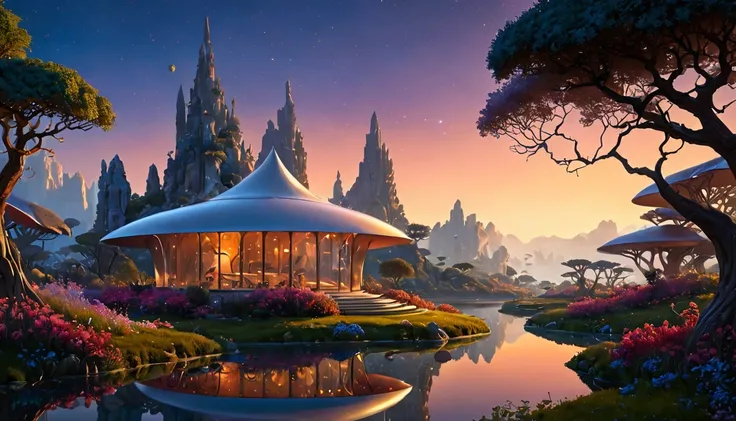 ethereal fantasy concept art of Discover a close-up vista of a futuristic, high-tech gnomish hamlet nestled within an enchanted grove, showcasing cutting-edge architectural marvels crafted from state-of-the-art materials. Vibrant, luminescent flora cascade...