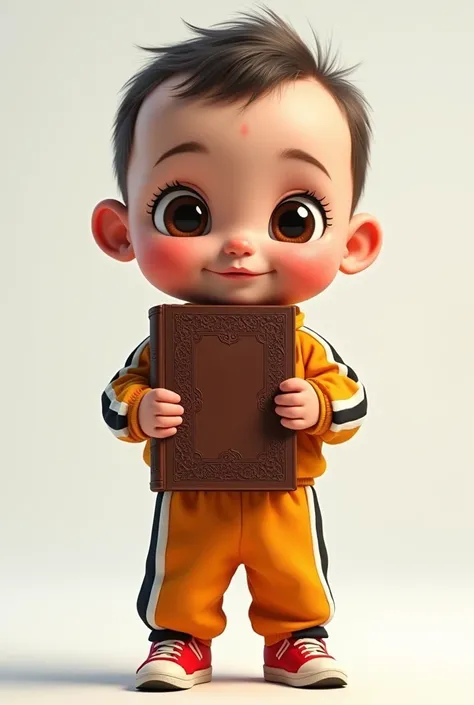 Create an image of a baby in a running suit with the bible under his arm