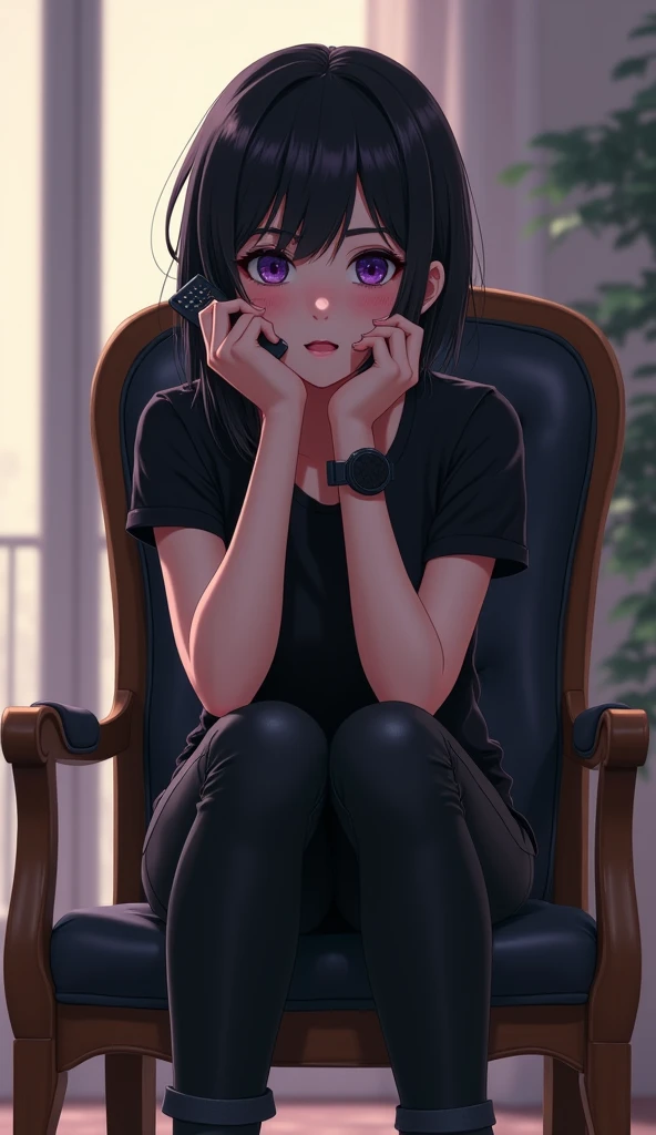 Animated teenage woman with a black watch and black hair and purple eyes has dark shadows under her eyes and sits in a dining chair with a backrest upholstered with black leather with wooden legs She wears leather pants and black leather shoes and a leathe...