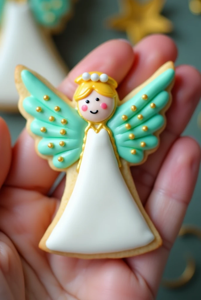 I want an image of an angel cookie held in one hand decorated with royal icing technique in the shape of an angel in the colors white gold and mint green, That they look beautiful and striking but above all real ,  and well defined .