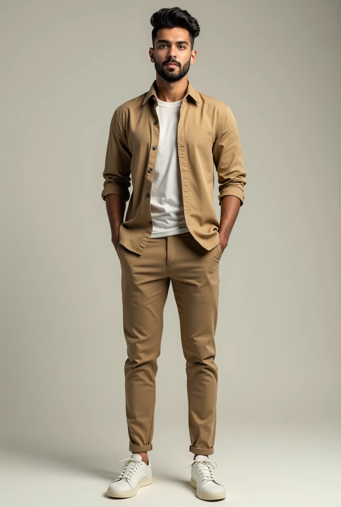 Young man with a beard dressed in white sneakers, beige pants and khaki formal shirt 