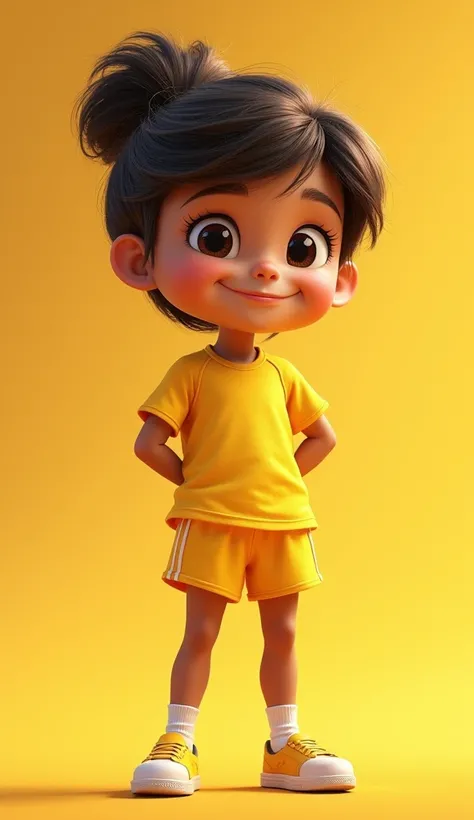 Prompt: A  girl in Disney style, with short hair, wearing a yellow sports outfit and a bright smile, phot without background.
Style: Disney Pixar style, heartwarming and uplifting.