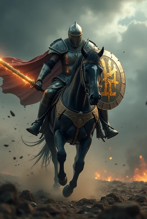  realistic photo . Create a faceless warrior riding a horse. He holds a fiery sword and a shield with the golden letter L.