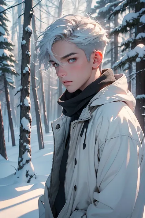 a young man with snow-white hair, light gray eyes, pale skin, wearing old-style brown clothing, standing in a snowy landscape, looking directly at the camera, (best quality,4k,8k,highres,masterpiece:1.2),ultra-detailed,(realistic,photorealistic,photo-reali...