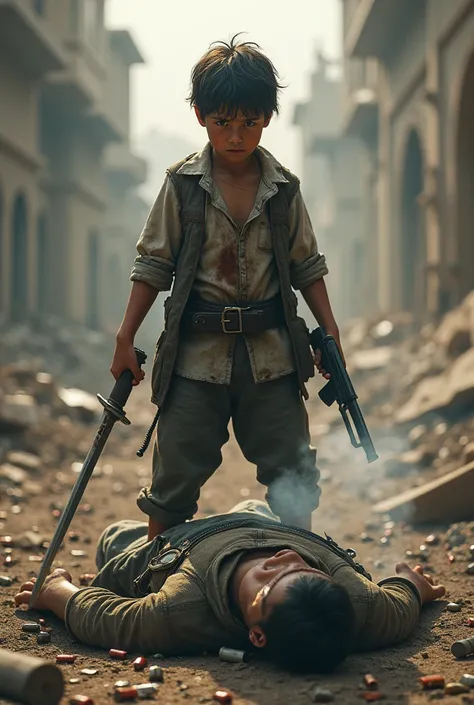 A boy wielding a sword, holding a gun, has a dead man next to him.