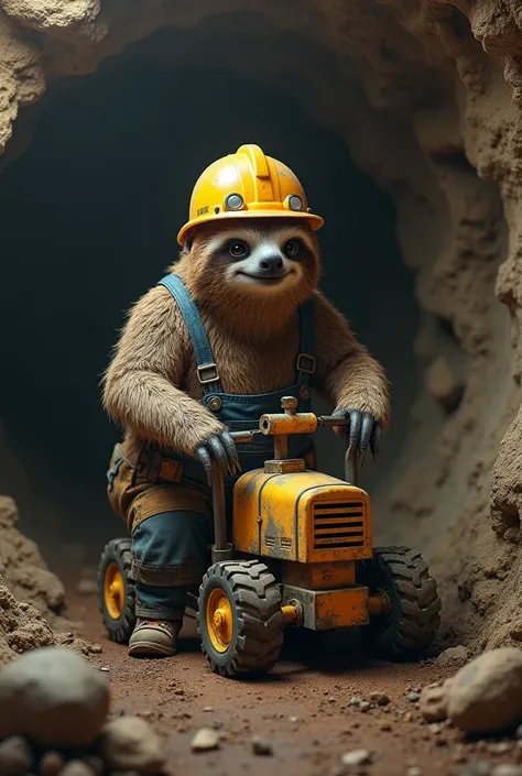 A sloth dressed as a miner and with a digging machine 