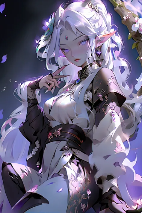 woman with flowing silver hair, purple siren eyes, lipstick, beautiful, petite, holding scythe, battle, pointed ears, elf, fairy, flower petals flowing in the wind, moonlight