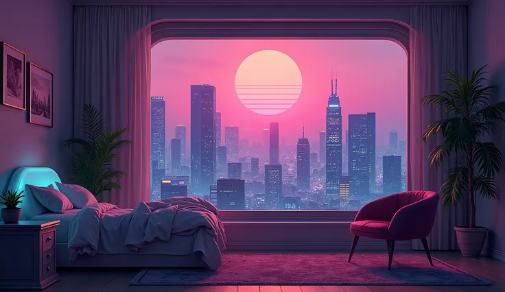 illustration of a cyberpunk room with a view of futuristic city at dusk, scenery wallpaper aesthetic, wallpaper aesthetic, beautiful aesthetic art, beautiful and aesthetic, vaporware artstyle, beautiful futuristic cityscape, vaporware art, cozy wallpaper, ...