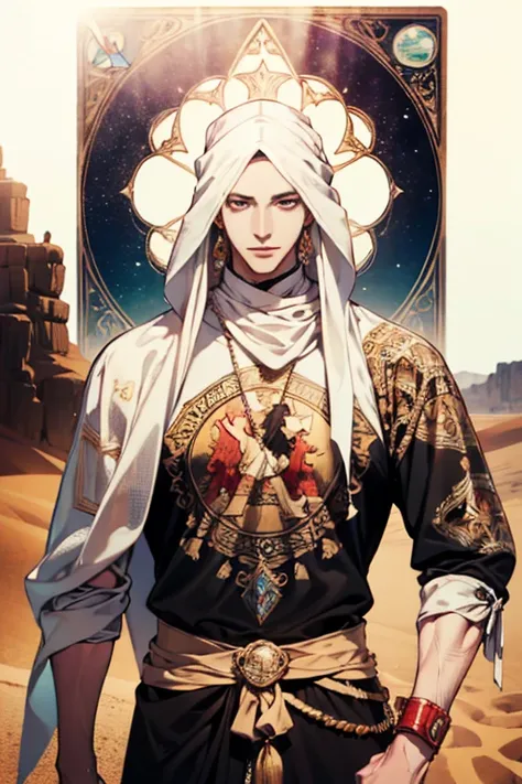 (absurdres, highres, ultra detailed), 1 male, adult, handsome, tall muscular guy, broad shoulders, finely detailed eyes and detailed face, the fool tarot, desert, camel, middle eastern clothes, Symbolism, Visual art, Occult, Universal, Vision casting, Phil...