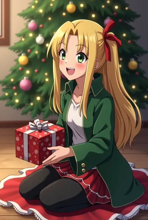 Tsunade Senju from the anime Naruto sitting on the floor near a Christmas tree while holding a Christmas-style wrapped gift while smiling 