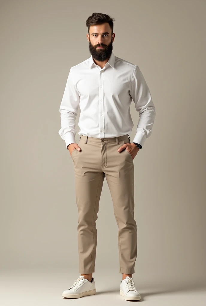 Young man with a beard dressed in white sneakers, beige pants and white formal shirt 